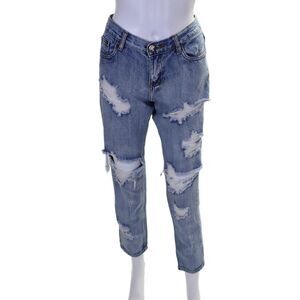 One by One Teaspoon Womens Blue Medium Wash Distress Straight Leg Jeans Size 25
